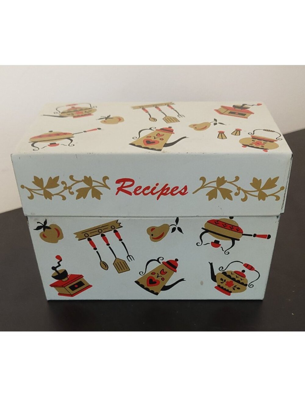 Vintage 60s MCM Ohio Art Tin Litho Recipe Box Coffee Pot Teapot Kitchen Motif